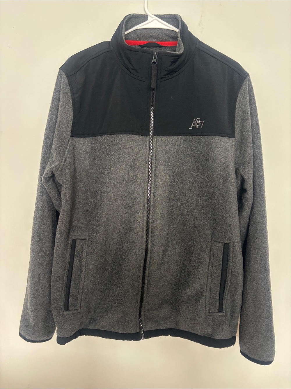 Men's Full-Zip Gray Fleece Jacket with Black Yoke- Aeropostale Medium